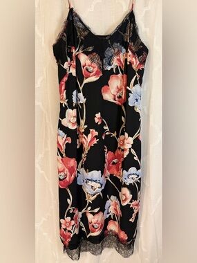 White House Black Market Size Medium Lace Trim Black Romantic Midi | Floral Slip